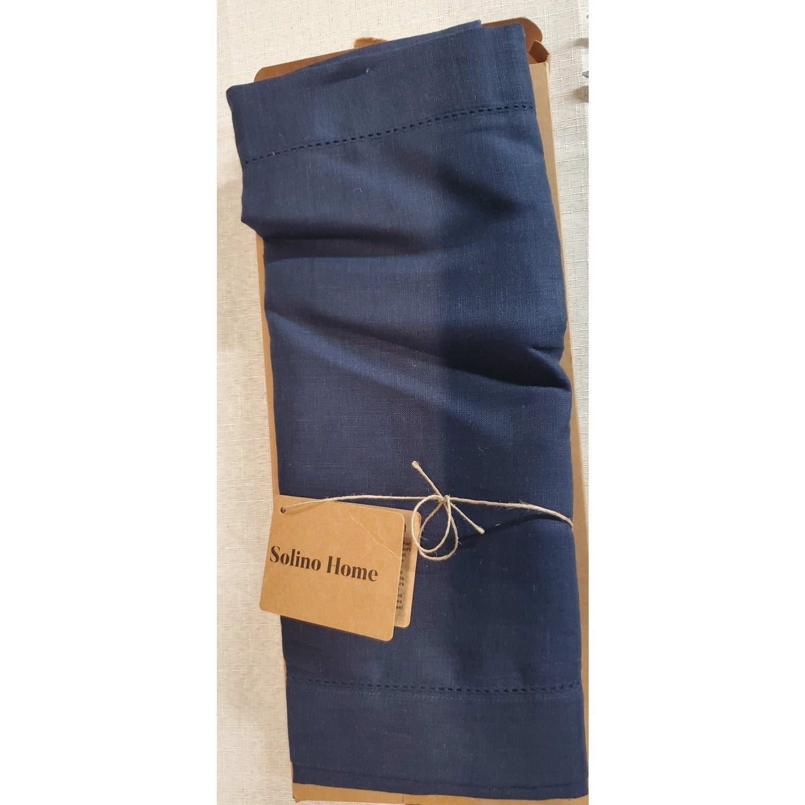Solino Home 90" Linen Table Runner Navy Blue Solid Decorative Stitching Dining
