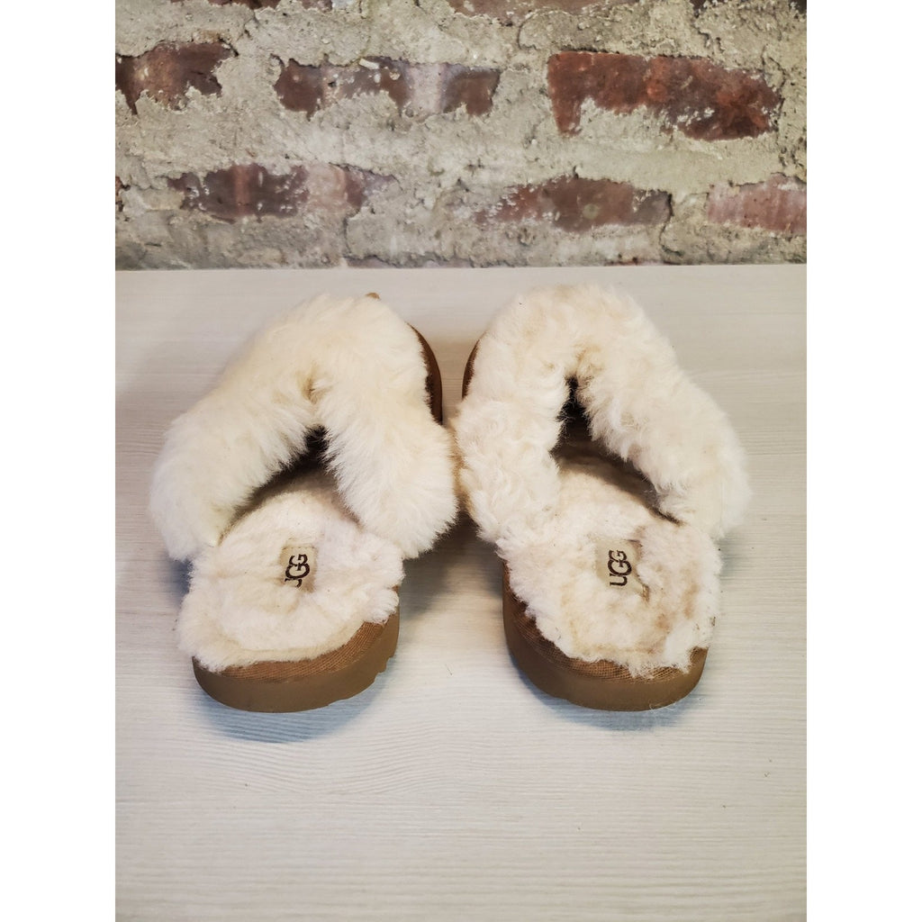 UGG Womens Sz 4 Suede Shearling Fur Lined Slip On Slippers Chestnut Cream
