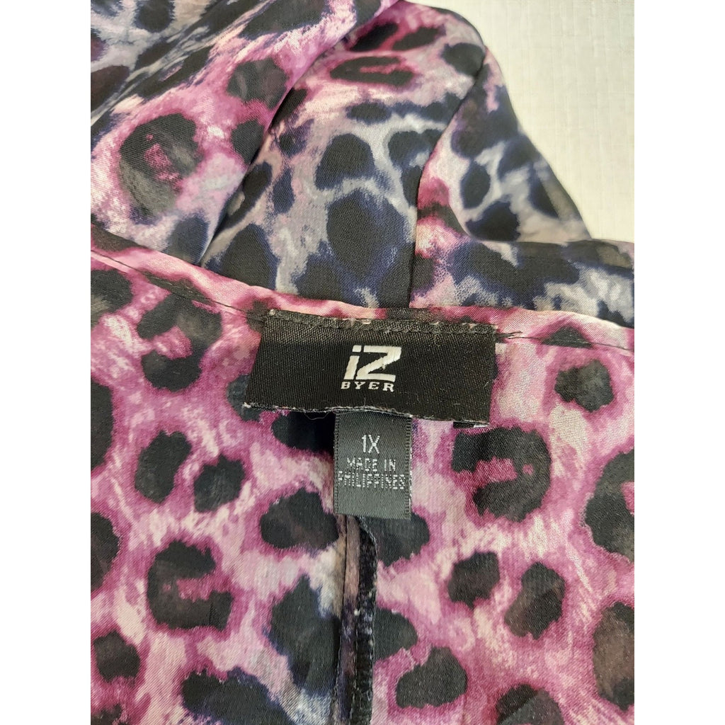 IZ Byer Womens Blouse Top 1X Plus Pink Leopard Animal Print Sheer Dolman