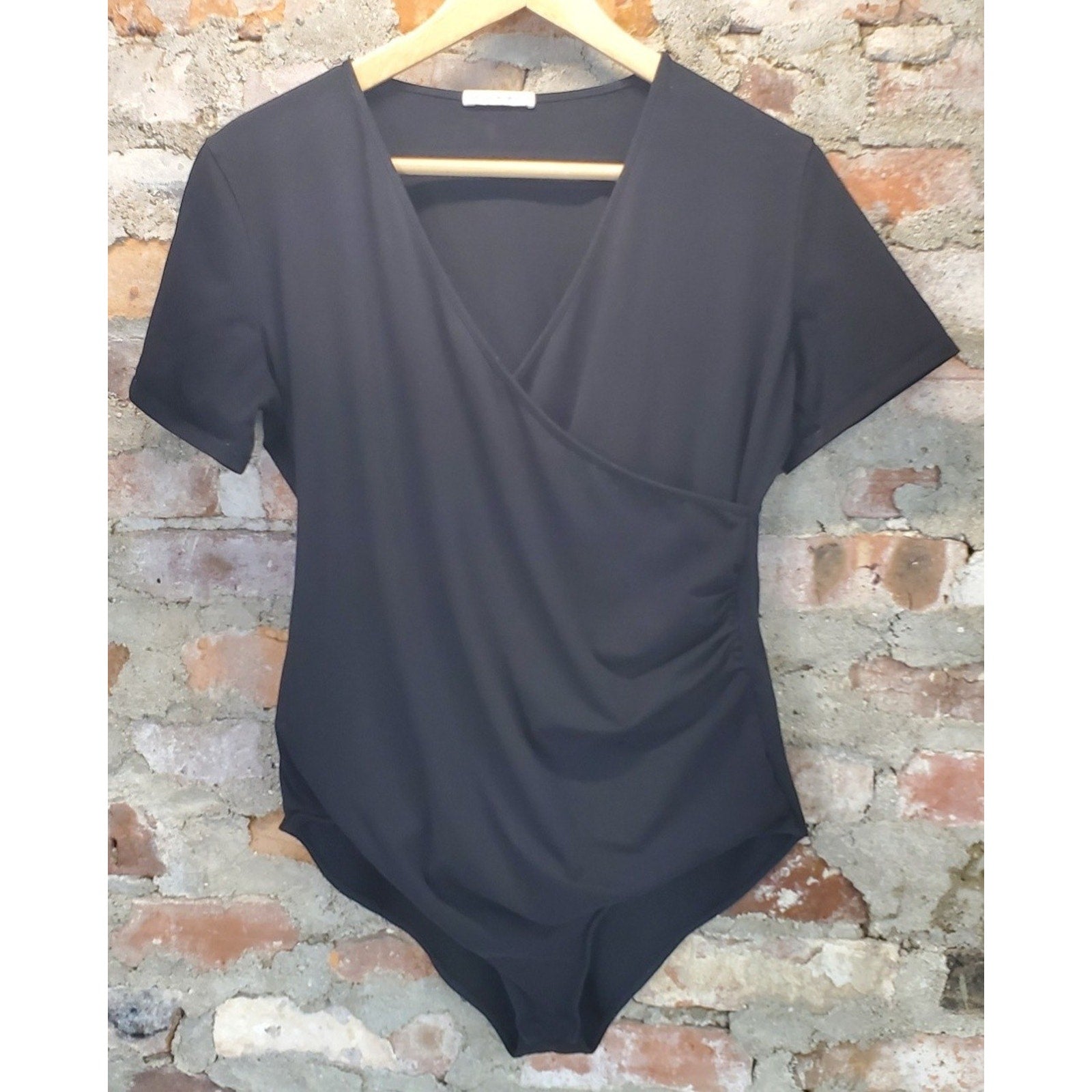 MANGOPOP Womens Bodysuit XXL Black Short Sleeve V Neck Wrap Front