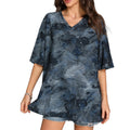 GEBAIFU Womens XL Oversized V Neck T Shirt Blue Black Abstract Print Loose