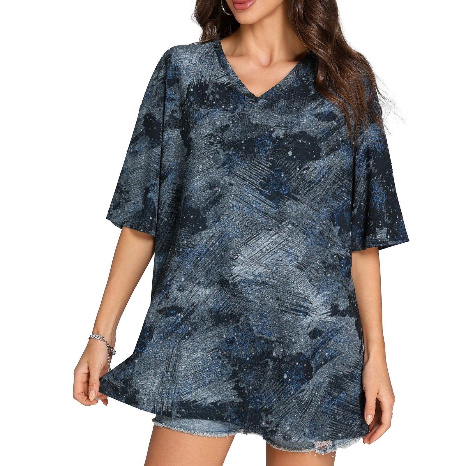 GEBAIFU Womens XL Oversized V Neck T Shirt Blue Black Abstract Print Loose