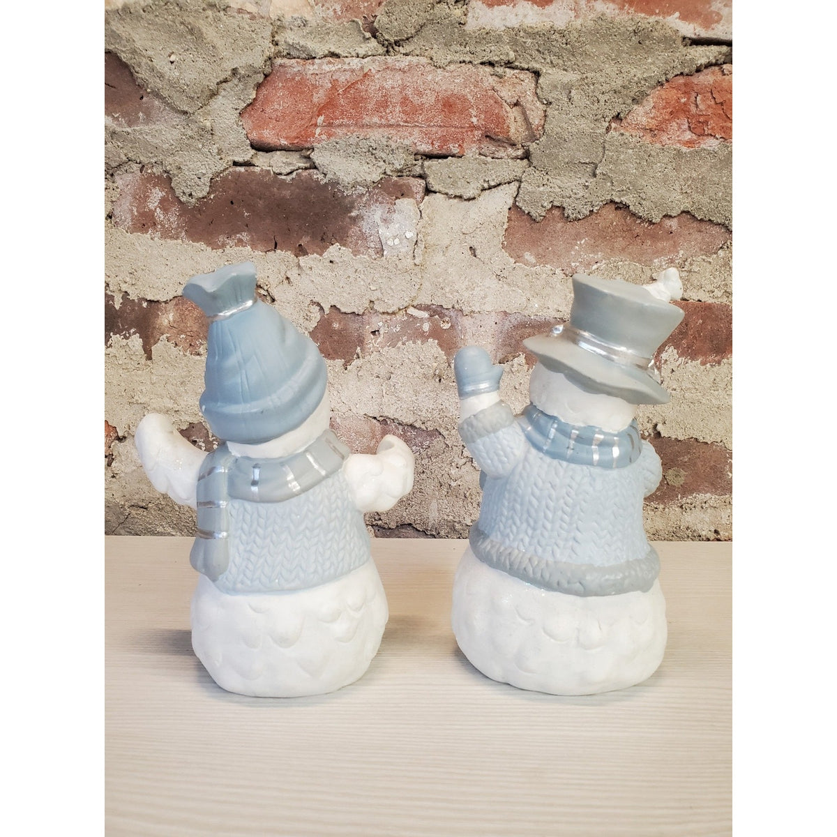 Snowman Figurines Set of 2 Christmas Winter Holiday Home Decor Blue Gray