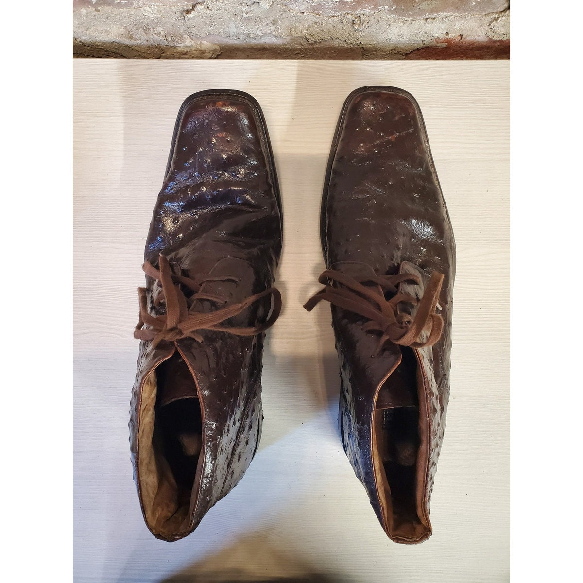 Mens Ostrich Leather Lace Up Ankle Boots 12M Square Toe Brown Dress