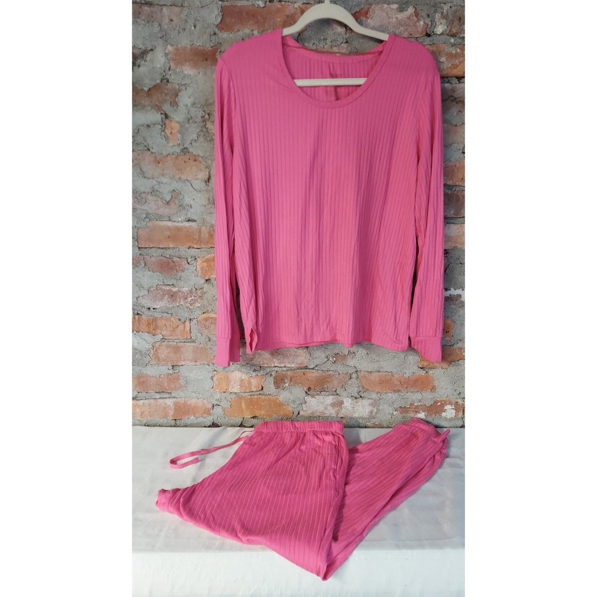 Womens Pink Ribbed Pajama Set L 12/14 Long Sleeve Sleepwear Lounge