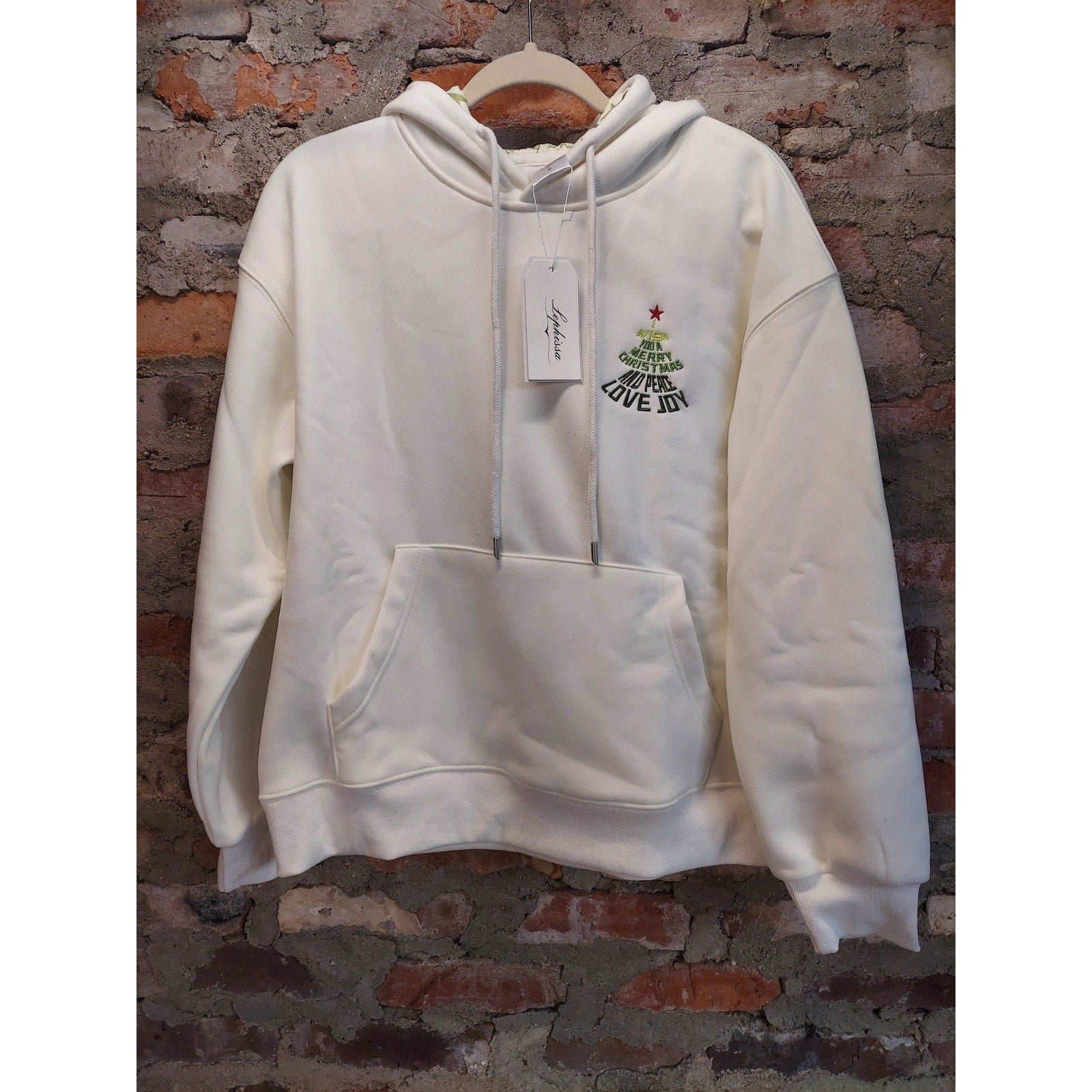 Lephissa Unisex Hoodie M Cream Christmas Embroidered Pullover NWT