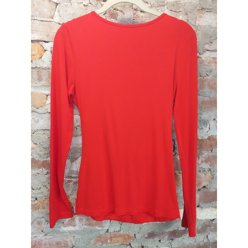 MANGOPOP Womens Faux Wrap Top M Red Long Sleeve Deep V Neck Ruched