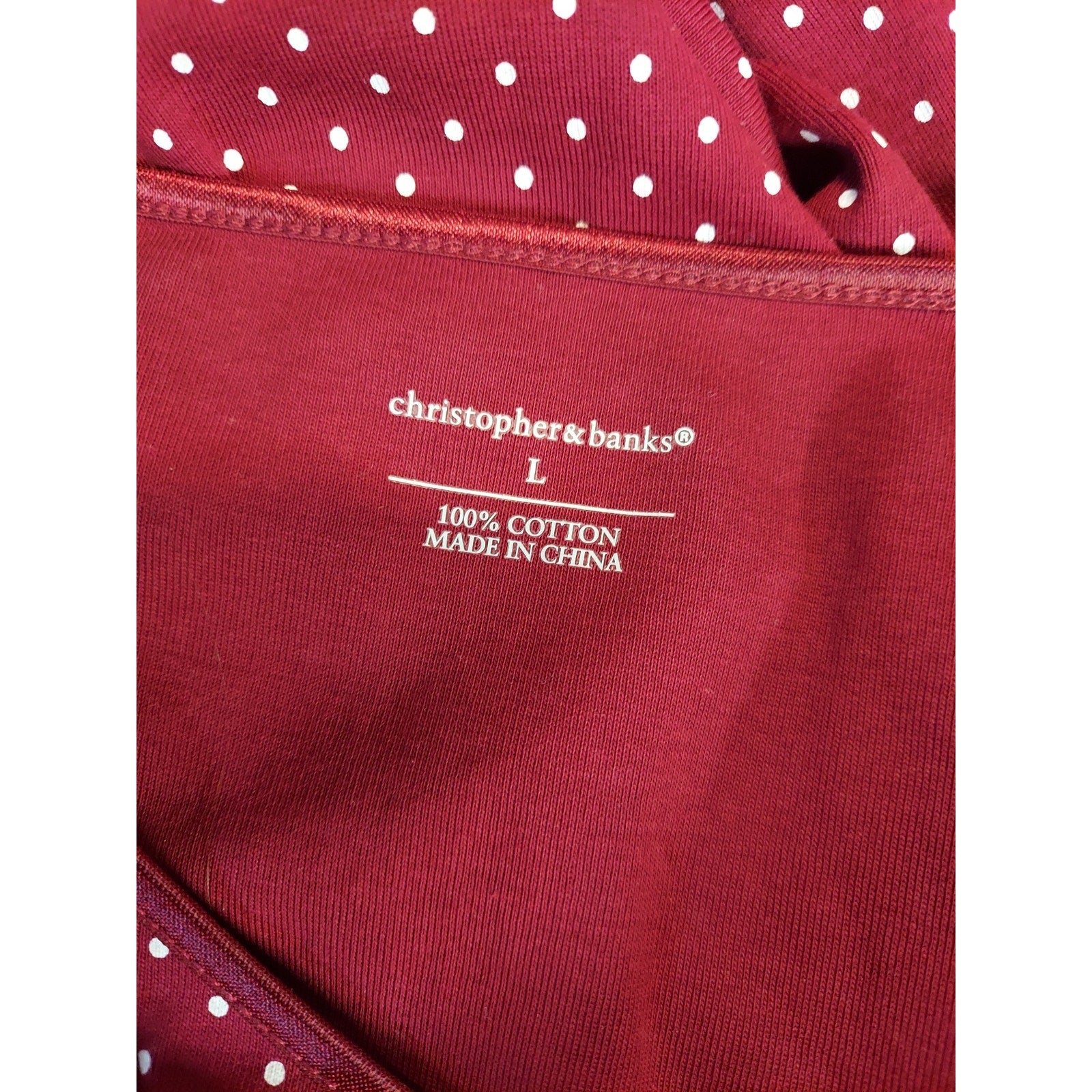 Christopher & Banks Womens Large L Maroon Polka Dot 3/4 Sleeve Cotton Top