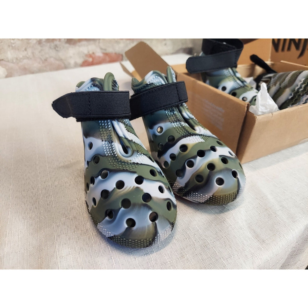 NINJA Dog Shoes Size 9 XXL Camo Paw Protector Boots Faux Crocs Adjustable Strap