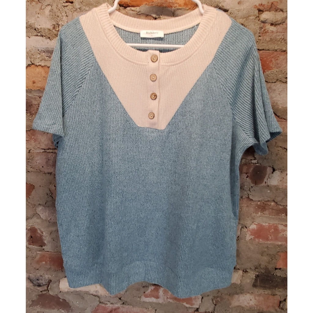Richstory Womens Henley Knit Top L Blue Beige Colorblock Ribbed Short Sleeve