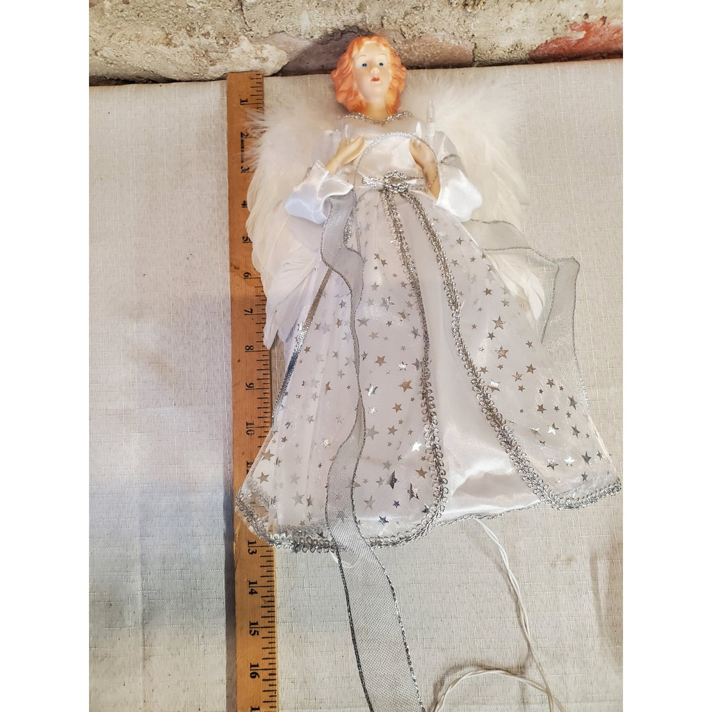 Christmas Angel Tree Topper Figure White LED Lights Feathered Wings Silver Stars