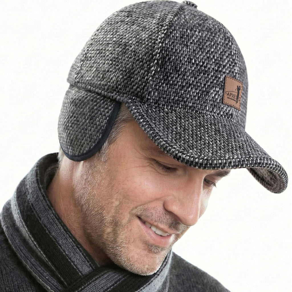 APXES Mens Winter Outdoor Earflap Hat Cap Gray Tweed Warm Baseball Style