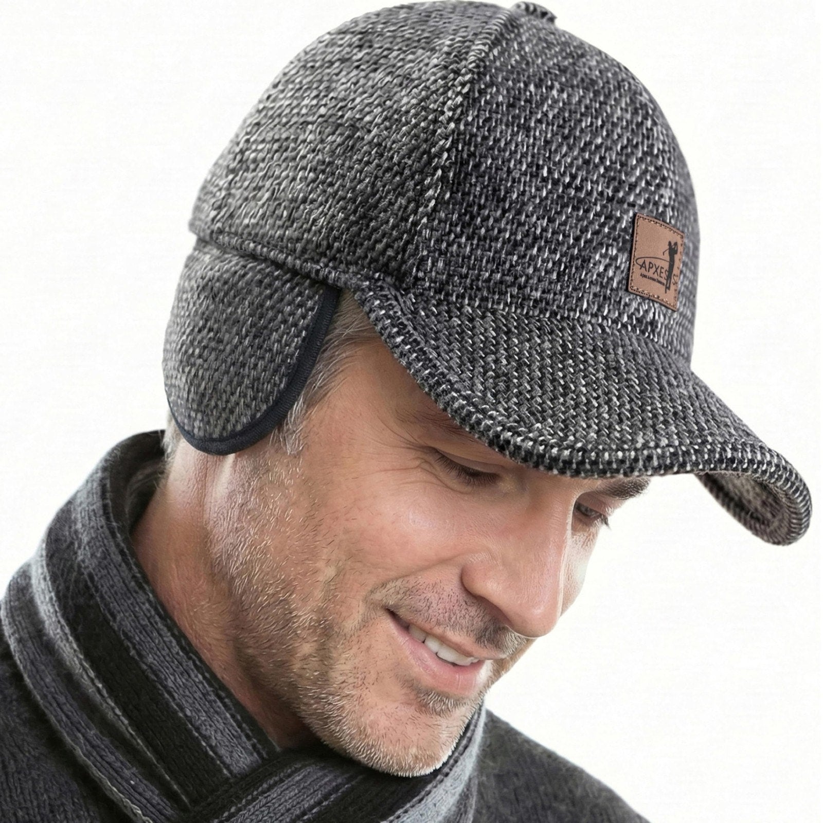 APXES Mens Winter Outdoor Earflap Hat Cap Gray Tweed Warm Baseball Style