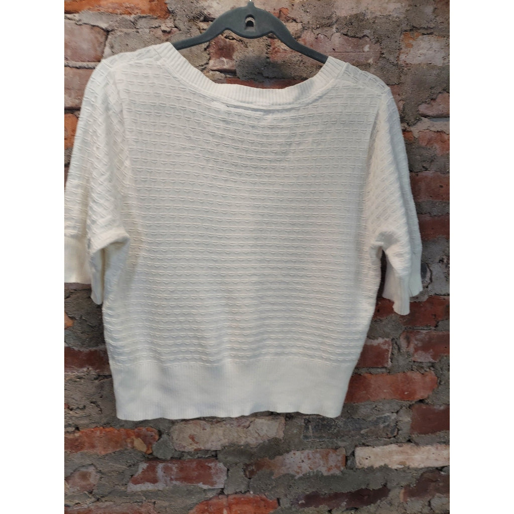 Croft & Barrow Womens Cardigan L White Short Sleeve Button Front Textured Knit
