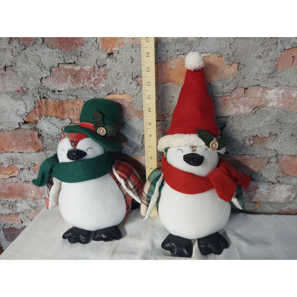 Christmas Penguin Holiday Decor Set 2 Plush Stuffed Animal Farmhouse Red Green