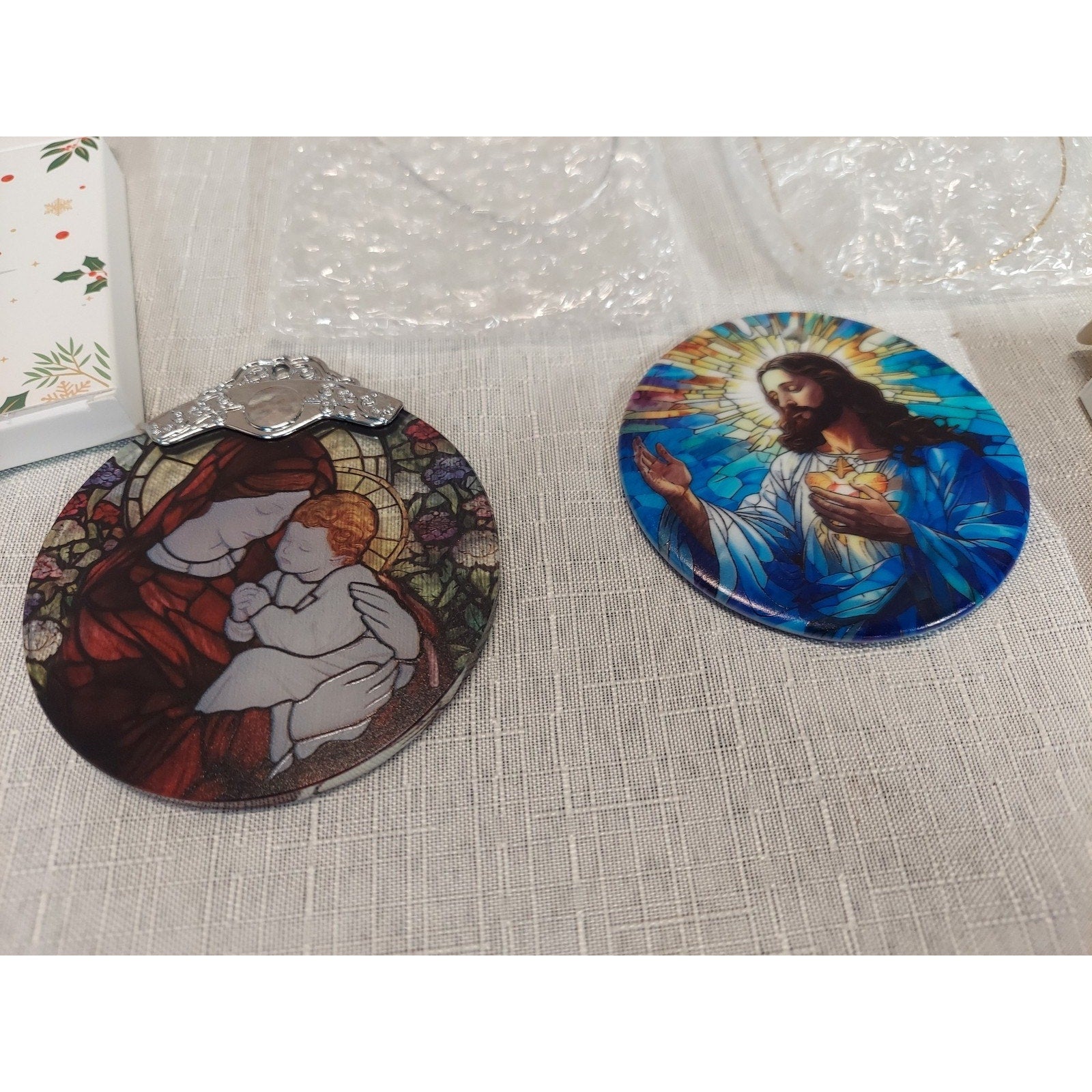 Christmas Ornaments Sacred Heart Jesus Madonna Child Stained Glass Look
