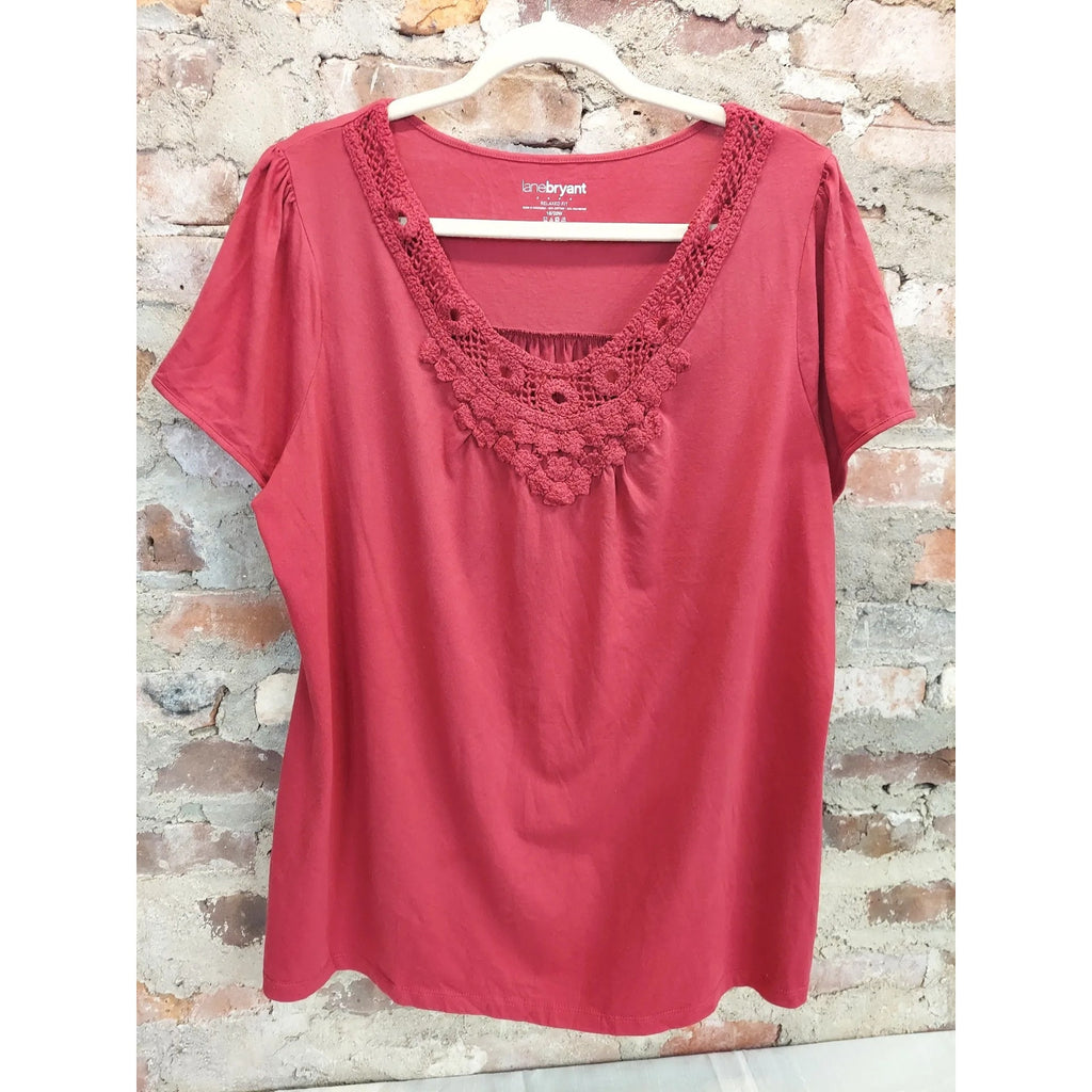 Lane Bryant Womens Plus Size Top 18/20W Red Relaxed Fit Crochet Neck T-Shirt