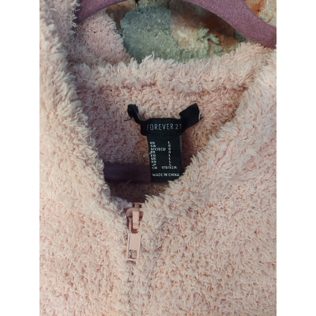 FOREVER 21 Womens Fuzzy Full Zip Hoodie Jacket L Pink Cropped Sherpa
