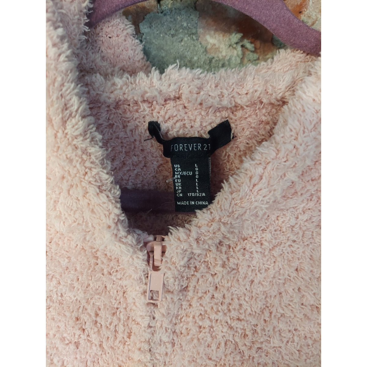 FOREVER 21 Womens Fuzzy Full Zip Hoodie Jacket L Pink Cropped Sherpa