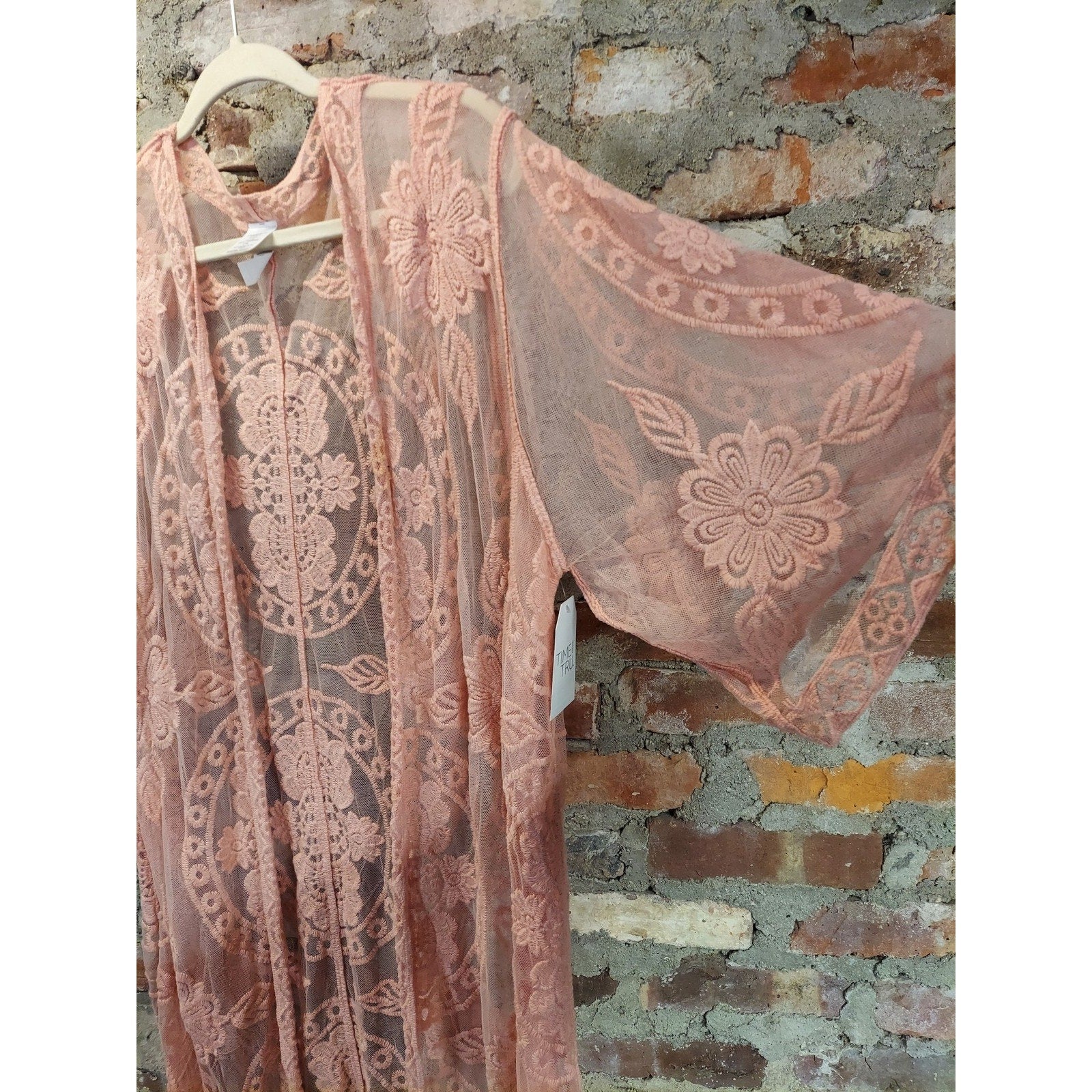 Time and Tru Womens L XL Blush Pink Floral Lace Kimono Duster Cardigan