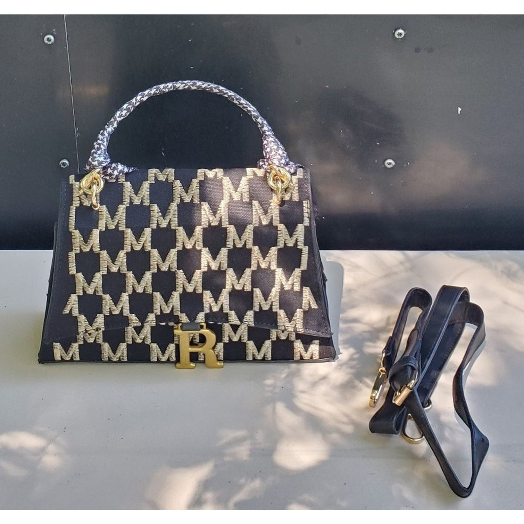 Womens Handbag Satchel Monogram Pattern R Hardware Navy Gold Scarf Detachable