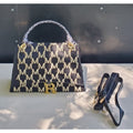 Womens Handbag Satchel Monogram Pattern R Hardware Navy Gold Scarf Detachable