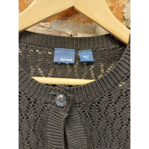 Basic Editions Womens Cardigan M Dark Gray Short Sleeve Open Knit Shrug Button