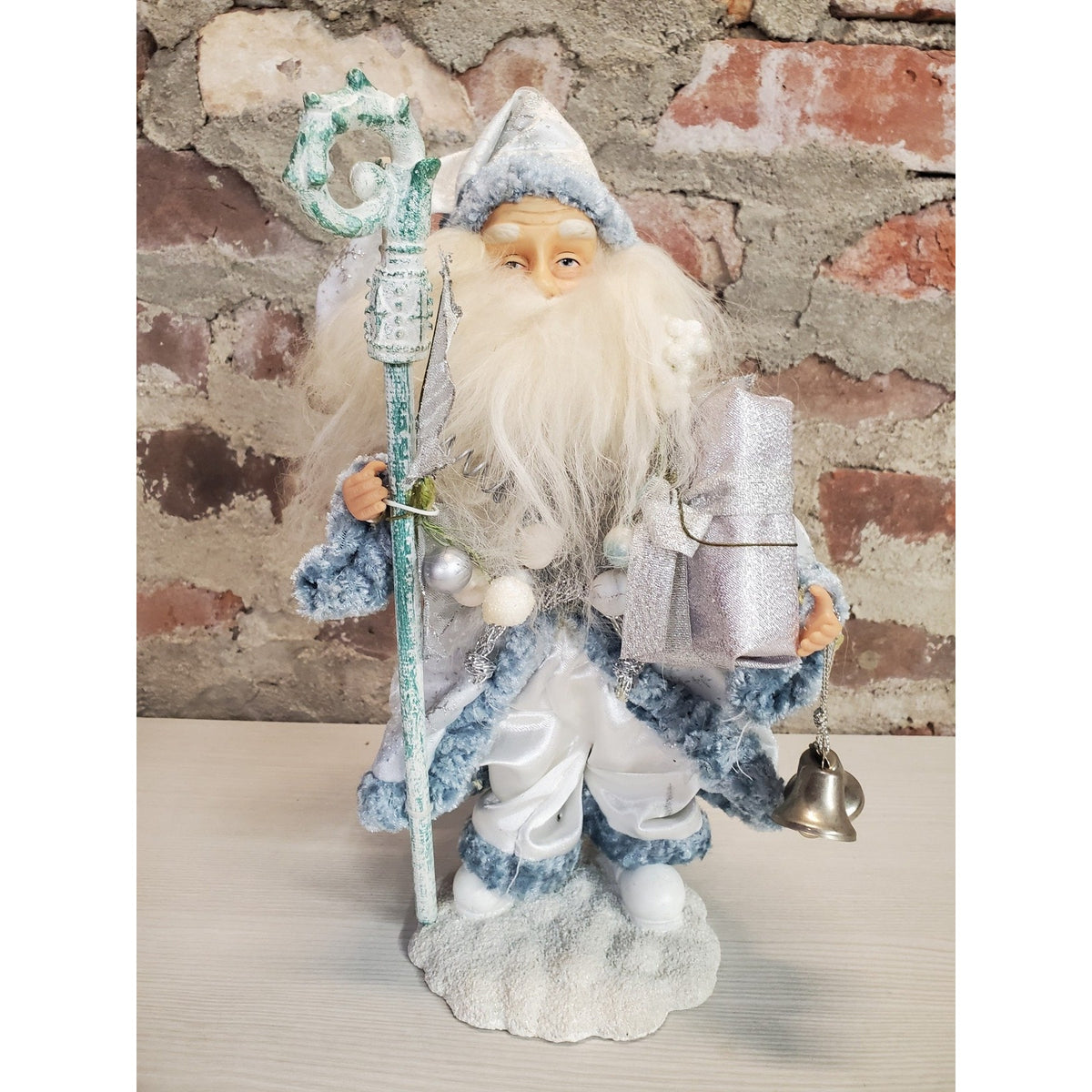 Santa Claus Figure Winter Christmas Silver Blue White Beard 13.5 Inch Holiday