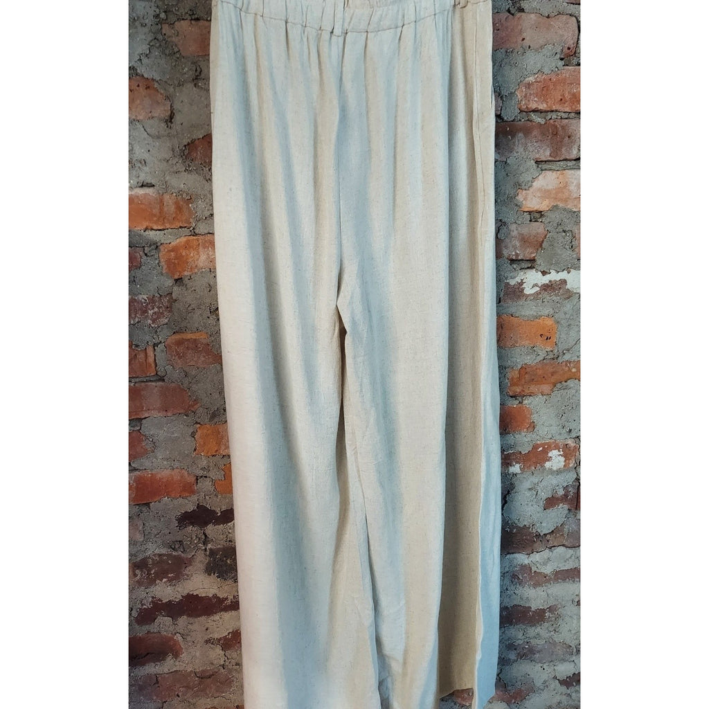 Fashion Womens Wide Leg Pants XL Cream Cotton Linen Blend Elastic Waist Casual