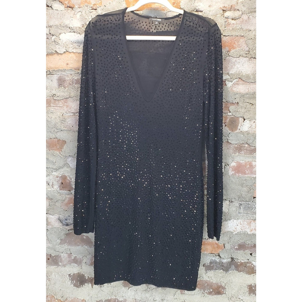Womens Sz M Black Sparkle Sheer Long Sleeve V Neck Mini Party Dress