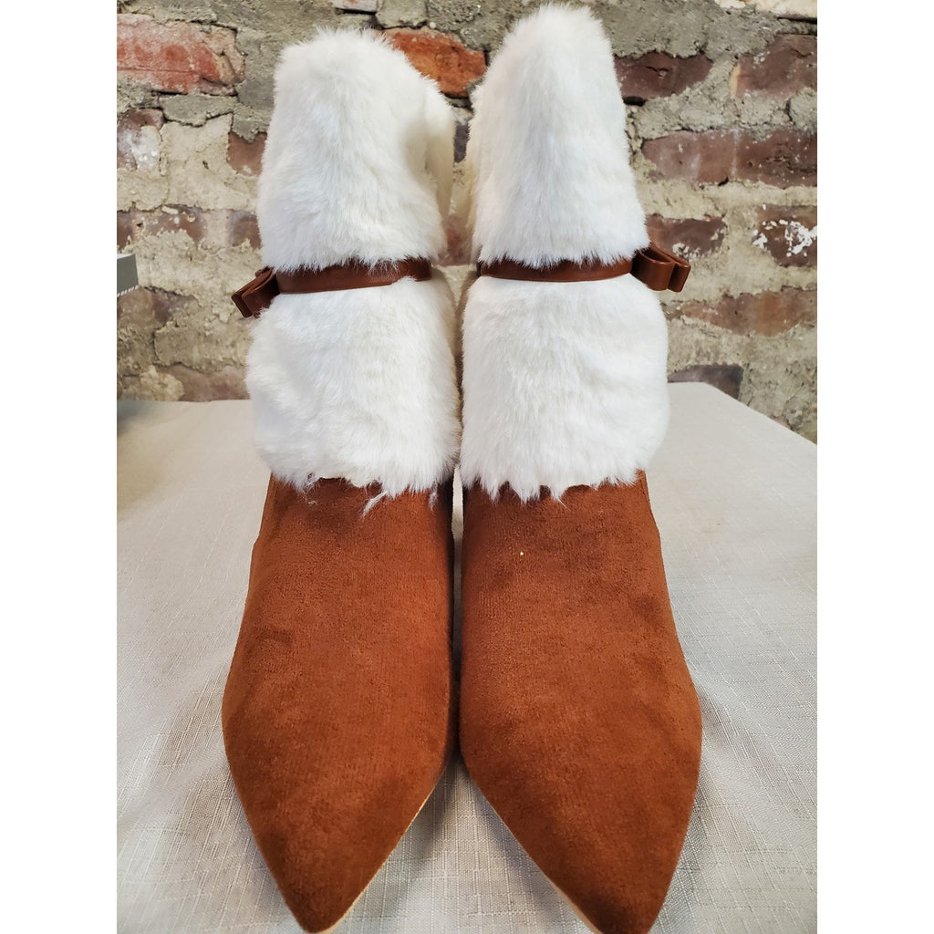 NEWBELLA Womens Ankle Boots 7.5 Brown White Faux Fur Wedge Side Zip Pointed Toe