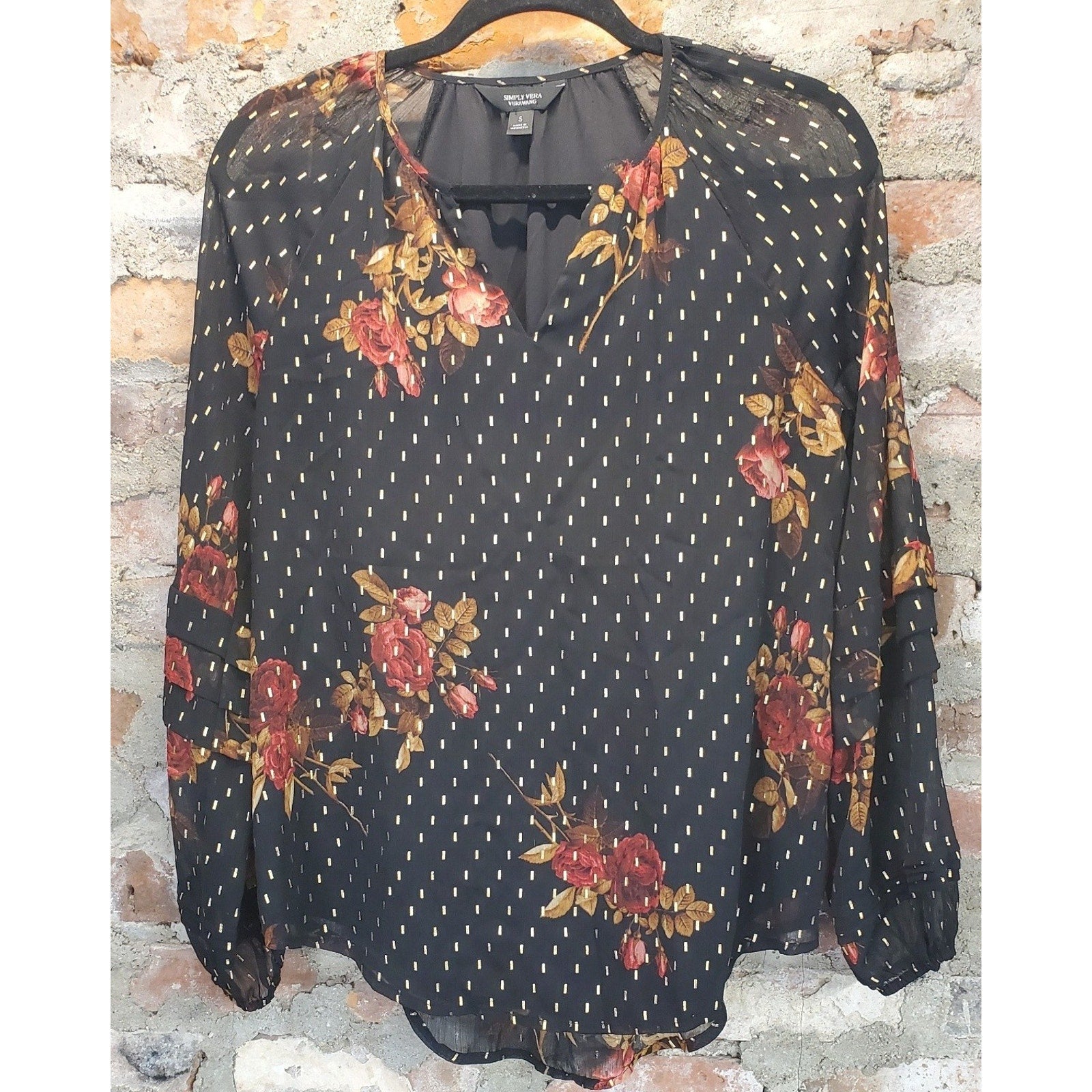 Simply Vera Vera Wang Womens Blouse S Black Floral Gold Dot Long Sleeve V Neck