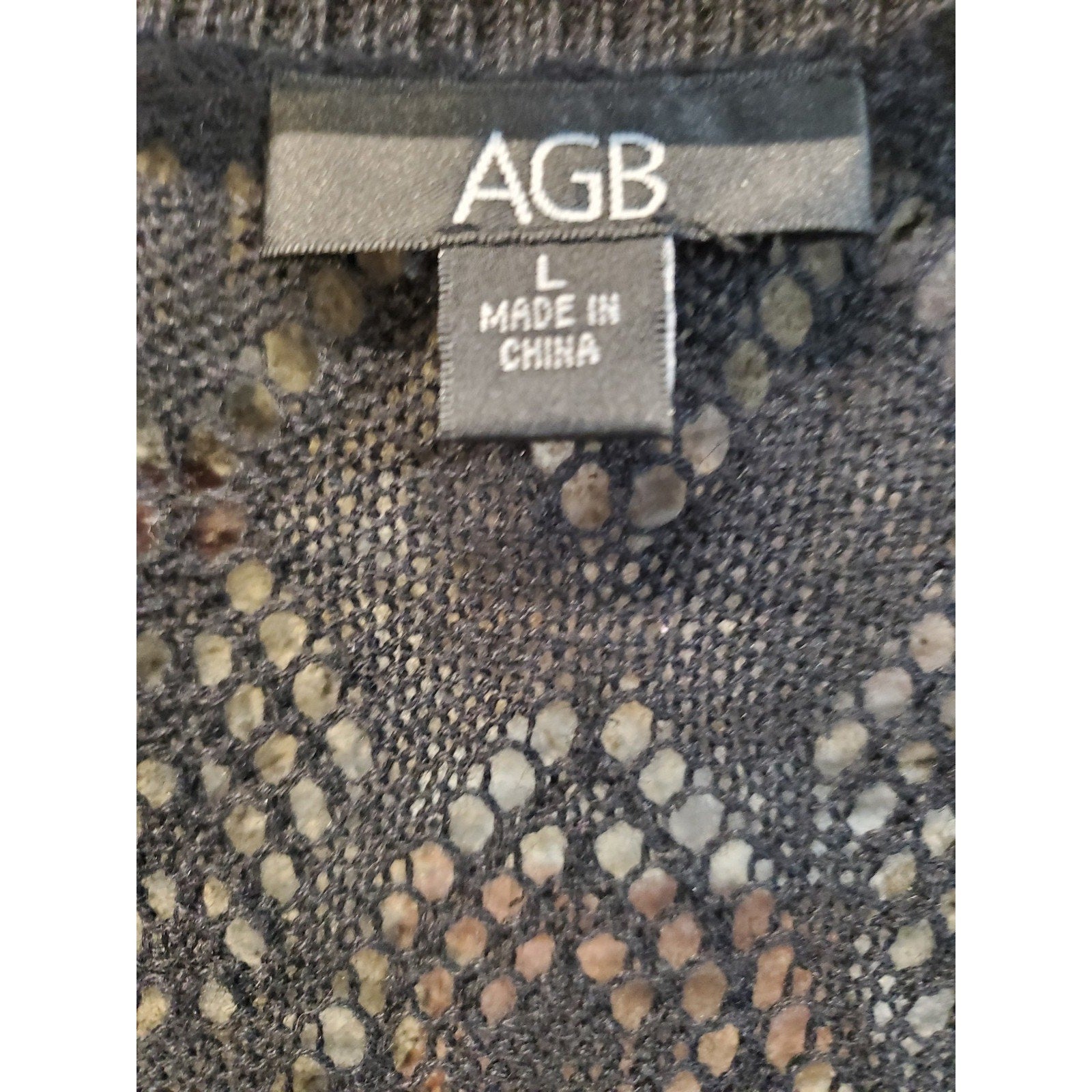 AGB Womens Cardigan L Black Short Sleeve Open Weave Sheer Knit Crochet Shrug