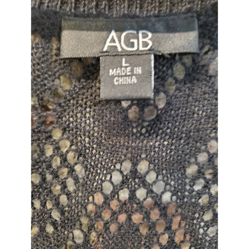 AGB Womens Cardigan L Black Short Sleeve Open Weave Sheer Knit Crochet Shrug