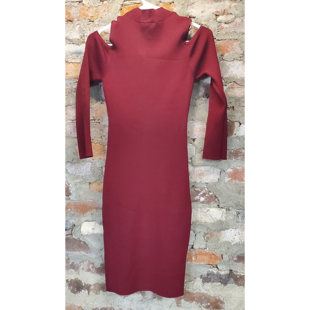 Bar III Womens Mock Neck Cold Shoulder Bodycon Dress Medium Burgundy Ribbed Knit