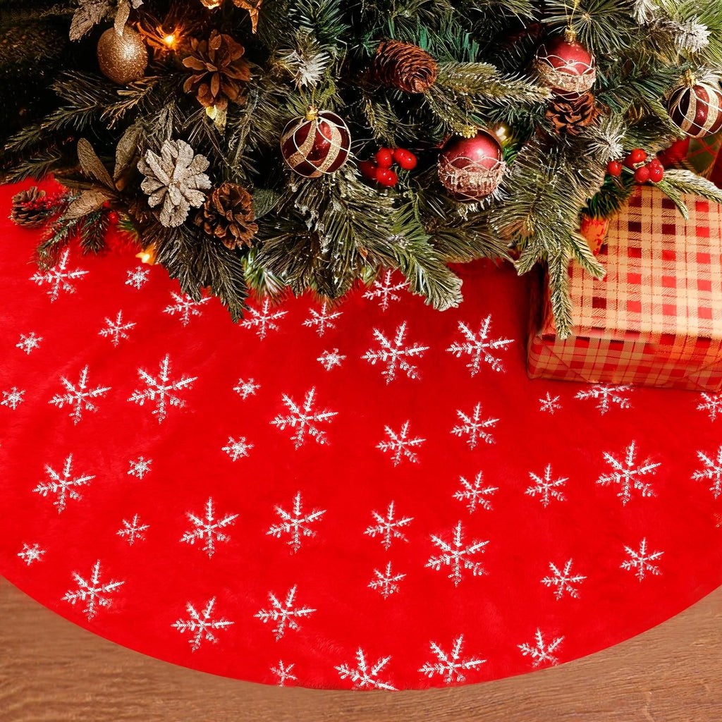 Christmas Tree Skirt Red Snowflake Sequin Plush Holiday Xmas Decor