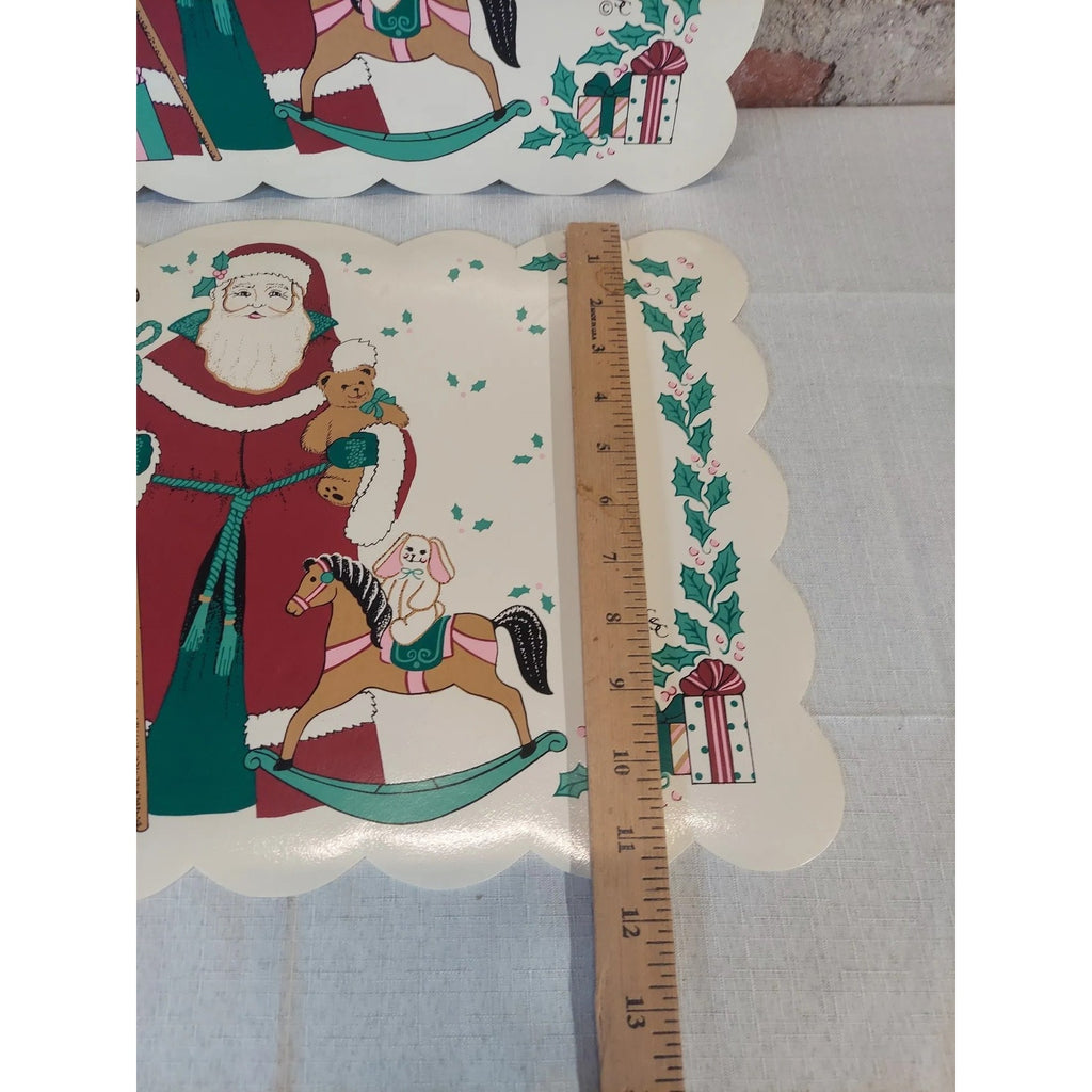 Santa Claus Christmas Placemats Set of 2 Vintage Scalloped Holly Berry Holiday