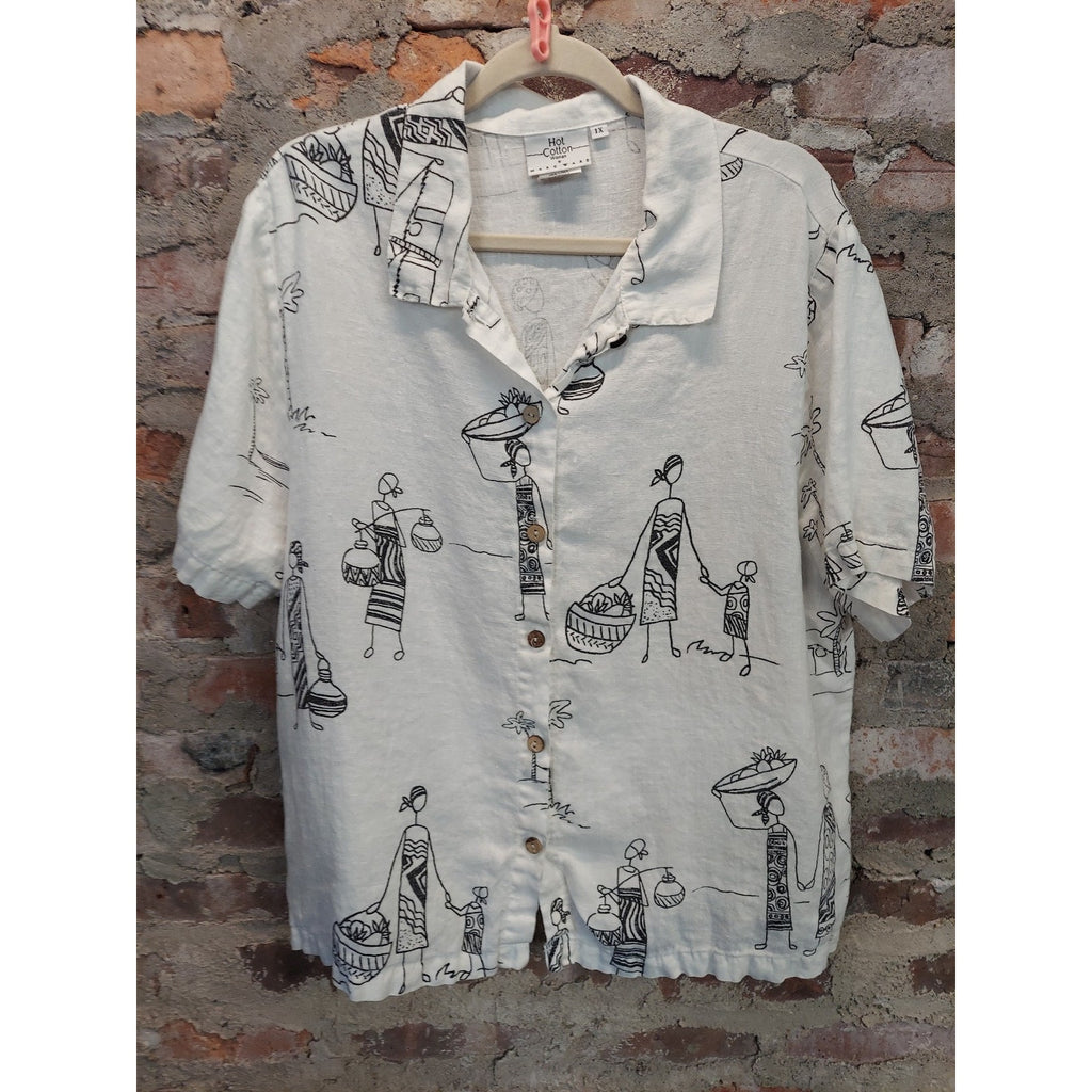 Hot Cotton Woman Womens 1X White Black Print Button Down Short Sleeve Shirt 100%