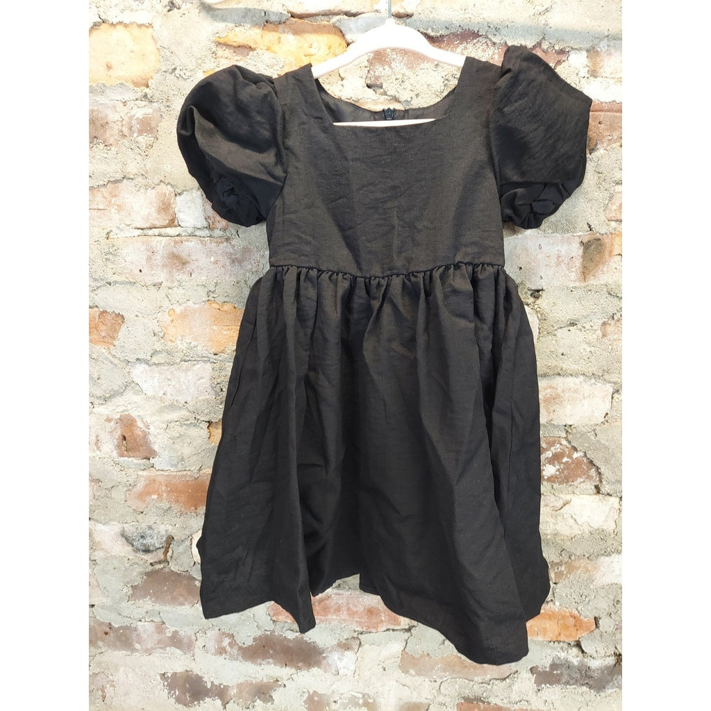 Girls Black Puff Sleeve Dress 3T 4T Square Neck A Line Gathered Back Zipper