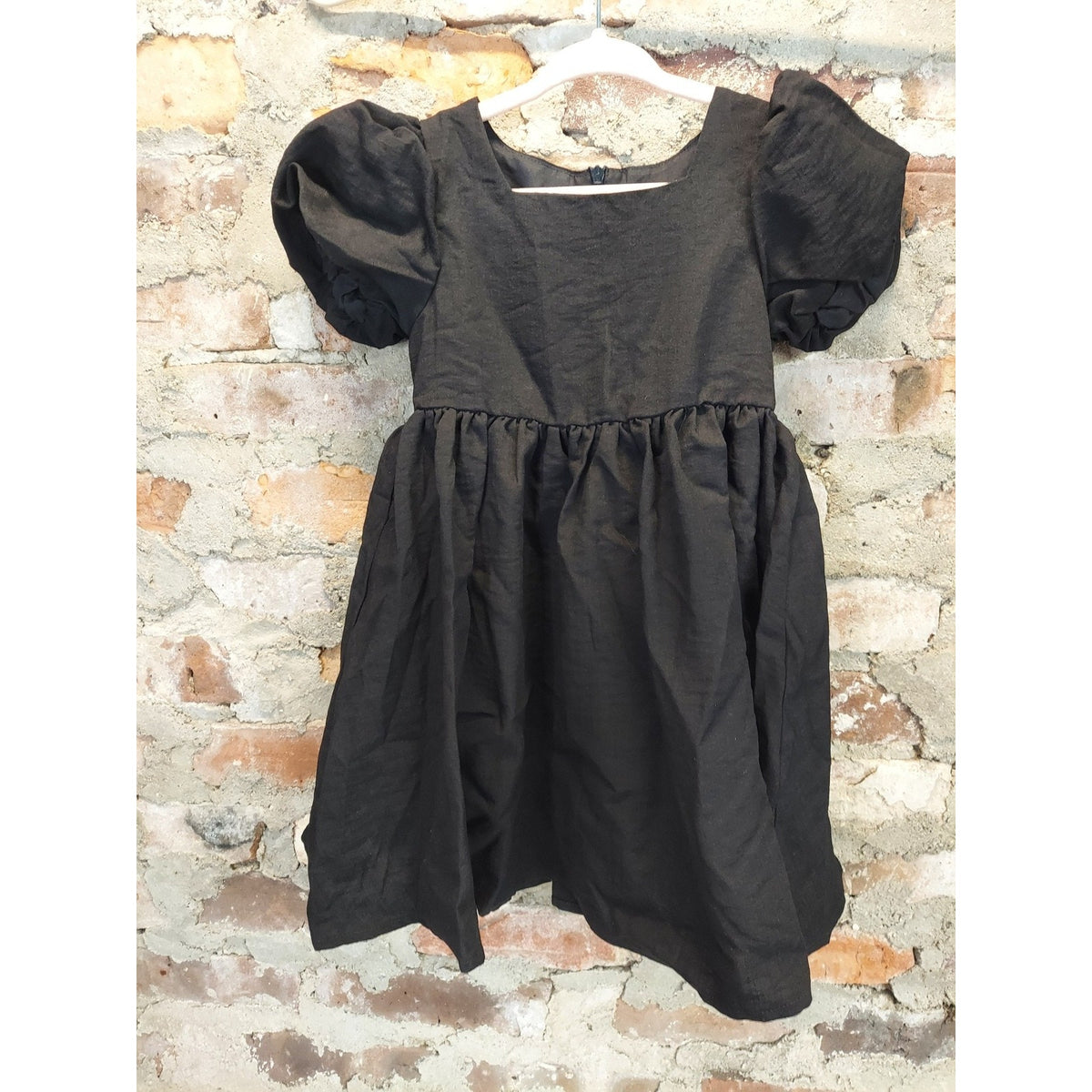 Girls Black Puff Sleeve Dress 3T 4T Square Neck A Line Gathered Back Zipper