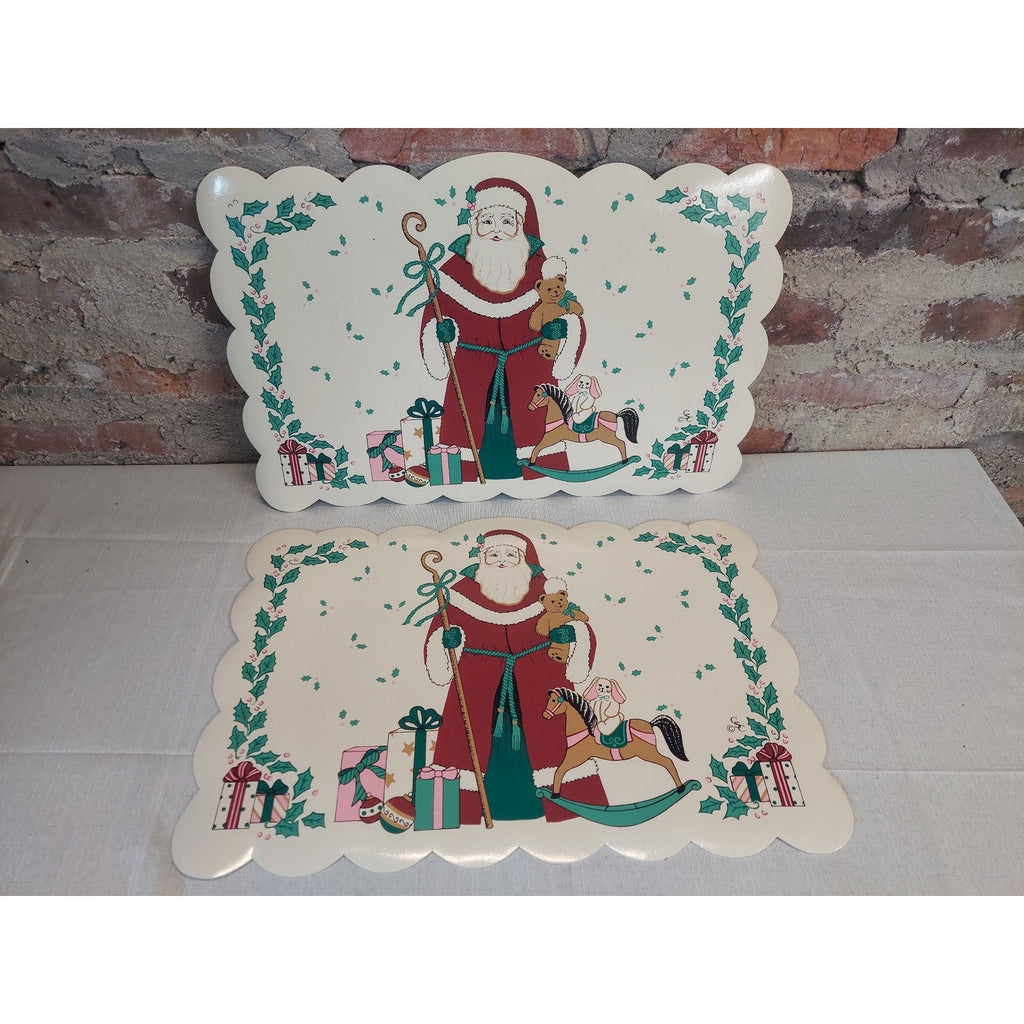 Santa Claus Christmas Placemats Set of 2 Vintage Scalloped Holly Berry Holiday