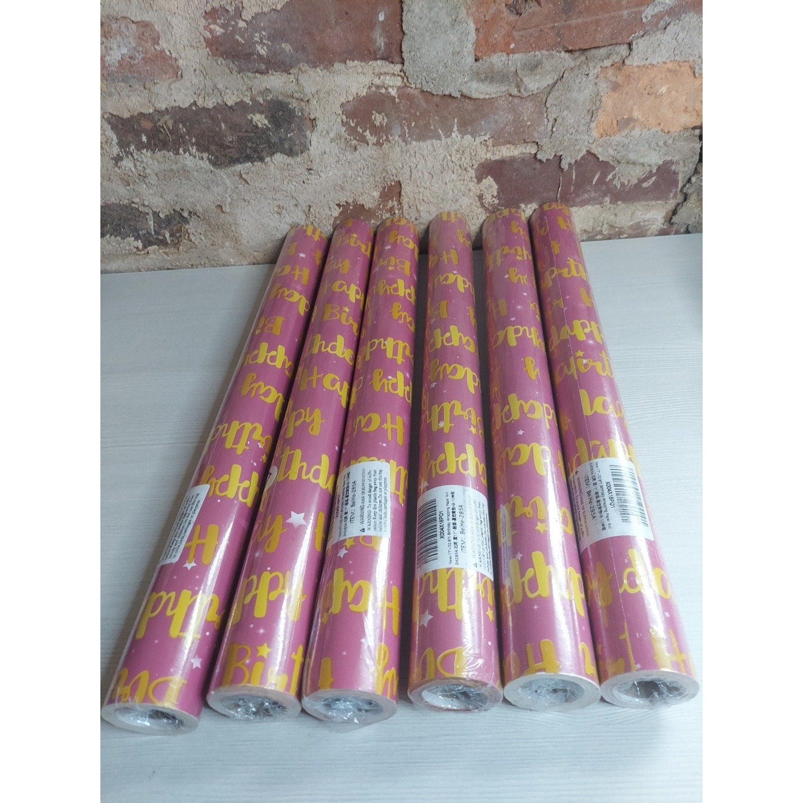 BeiHe Happy Birthday Wrapping Paper Roll Pink Gold Stars 17 Inch x 32.8 ft
