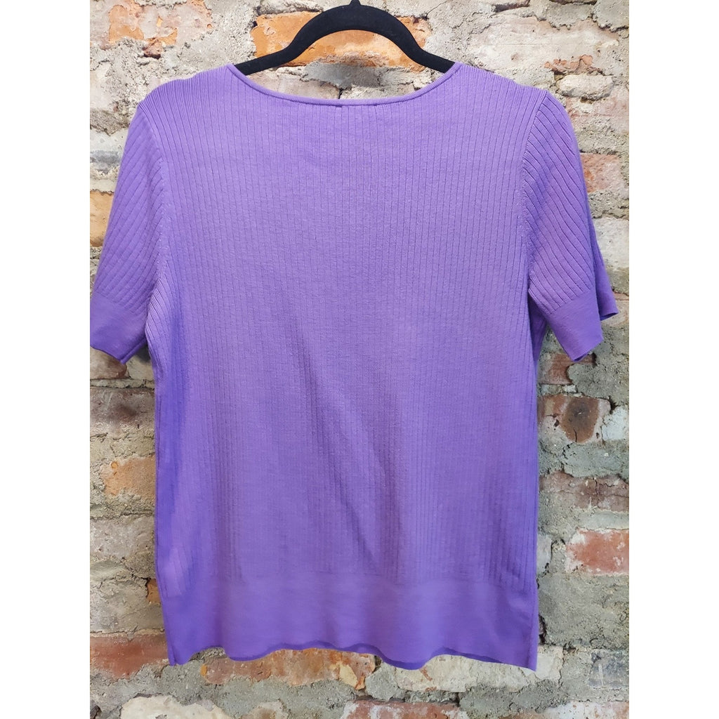 Talbots Womens Short Sleeve V Neck Ribbed Knit Pullover Sweater M Purple