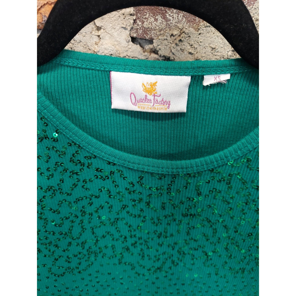 Quaker Factory Womens Shirt XS Green Sequin Sparkle Ribbed Knit 3/4 Sleeve