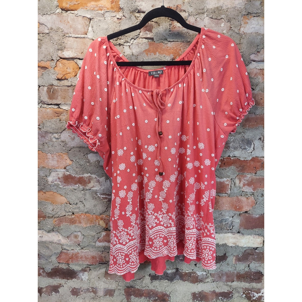 Foz Ali Womens Blouse 2X Coral White Floral Dot Peasant Short Sleeve Top