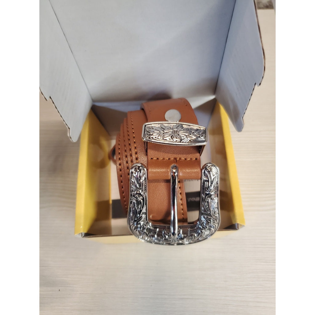 CHAOQREN Mens Leather Belt Brown Western Cowboy Engraved Buckle Silver Tone