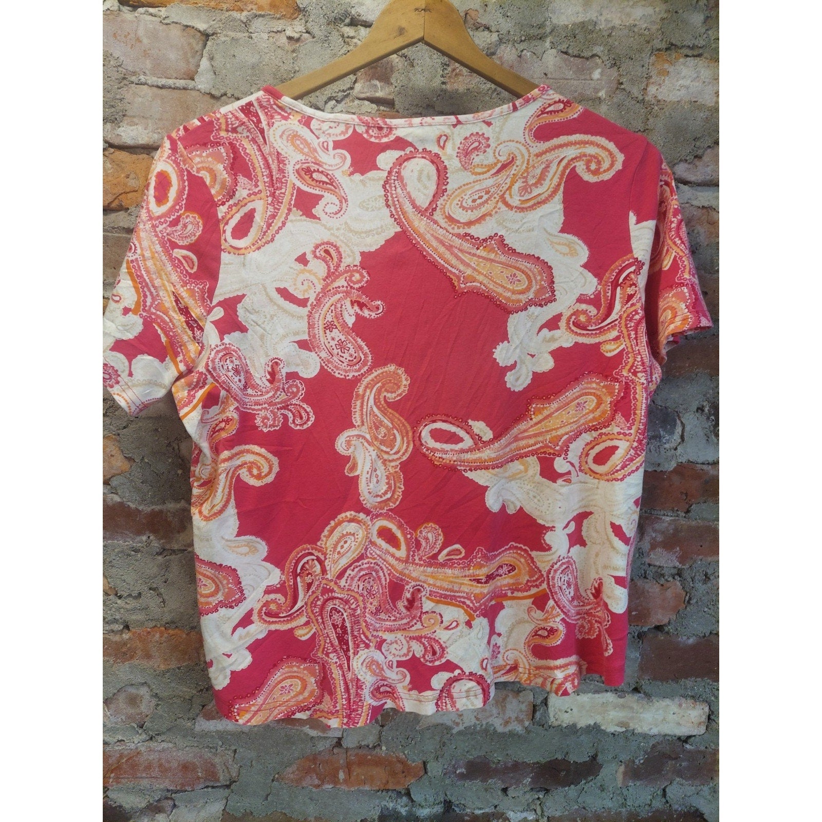 Croft & Barrow Womens Classic Tee 1X Pink Orange White Paisley Henley Shirt