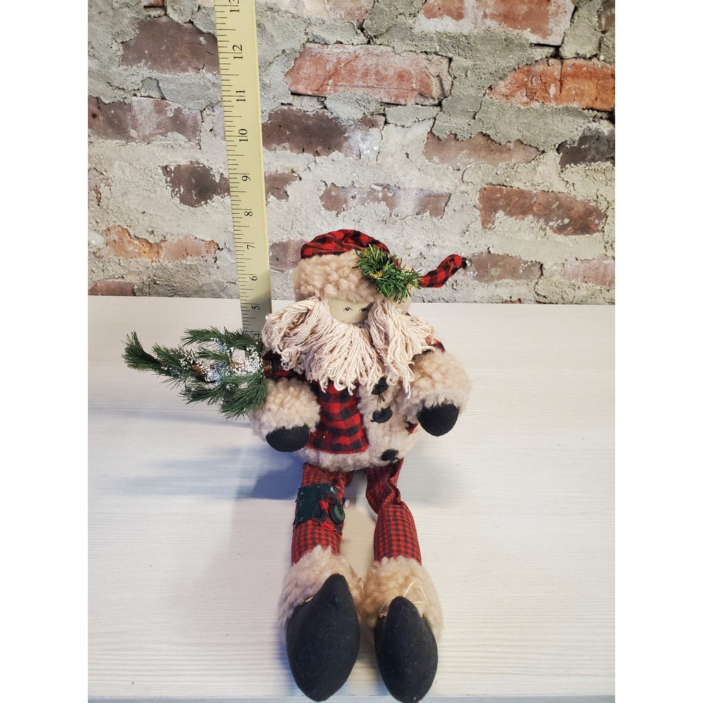 Christmas Santa Plaid Buffalo Check Dangle Legs Plush Figurine Farmhouse Rustic