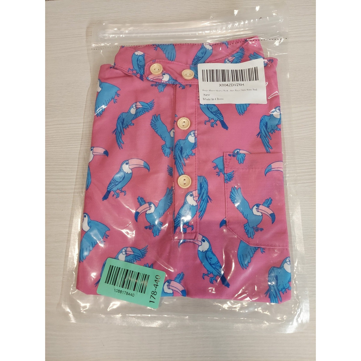 Boys Short Sleeve Button Shirt Sz 5/6 Pink Toucan Pattern New