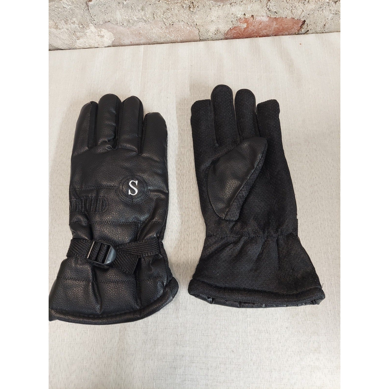 Unisex Winter Gloves Small Black Fleece Lined Faux Leather Warm Adjustable Strap